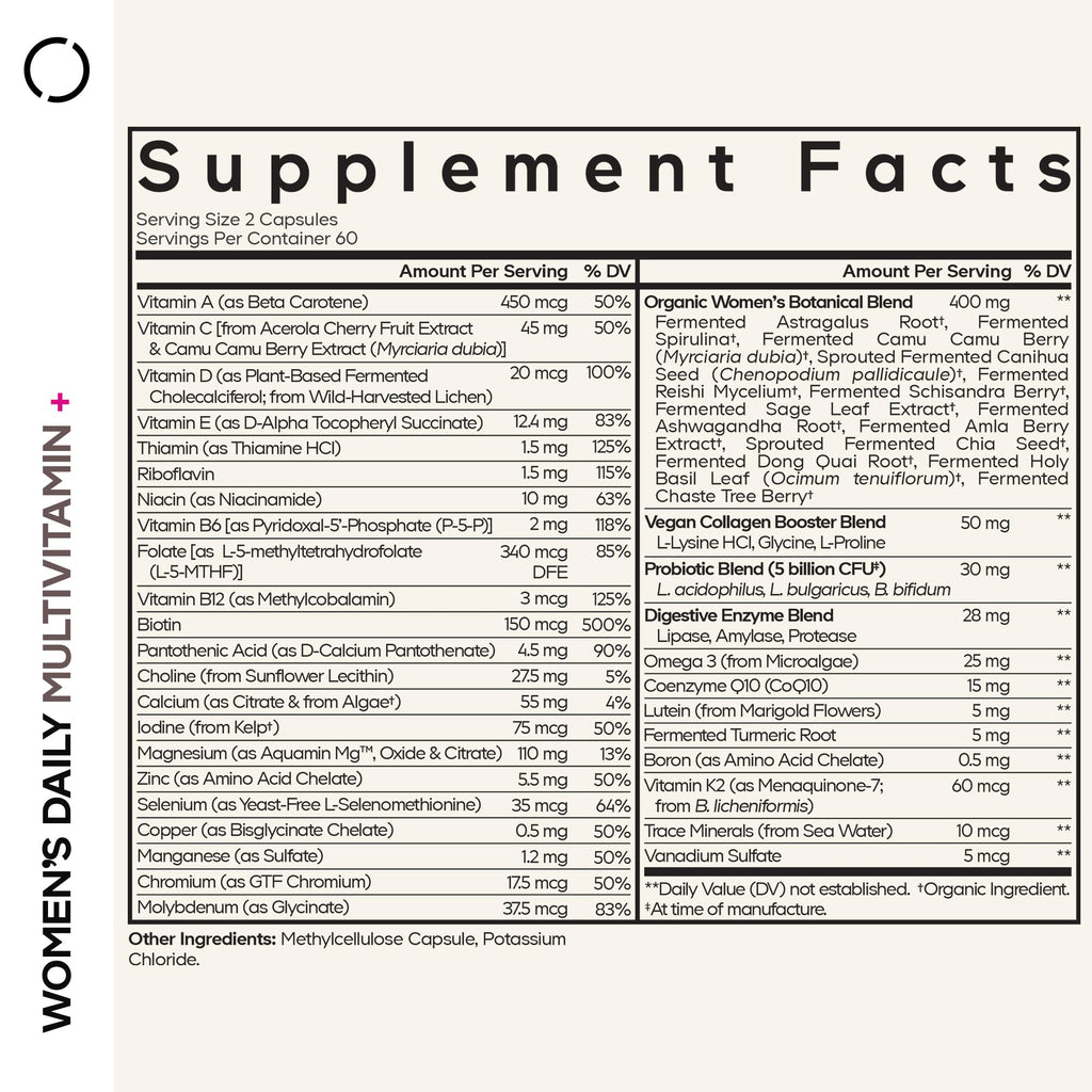 Codeage Women’s Daily Multivitamin, 25+ Vitamins & Minerals, Fermented, Organic Whole Foods, Probiotics Supplement - Vitamin A, B, C, D, E & K, Omega 3, Zinc – Vegan - 120 Capsules CodeageBuy Supplements Australia