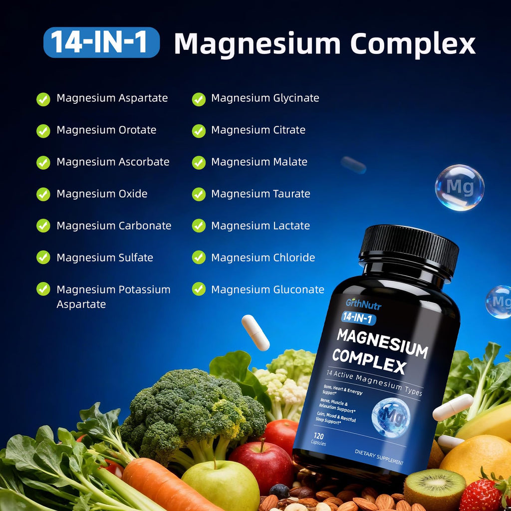 14-in-1 Magnesium Complex Supplement, 1200mg Elemental Magnesium Glycinate, Citrate, Malate, Taurate - Magnesium Complex for Women Nerves, Bone & Heart Health | Non-GMO GrthNutr buy supplements Au