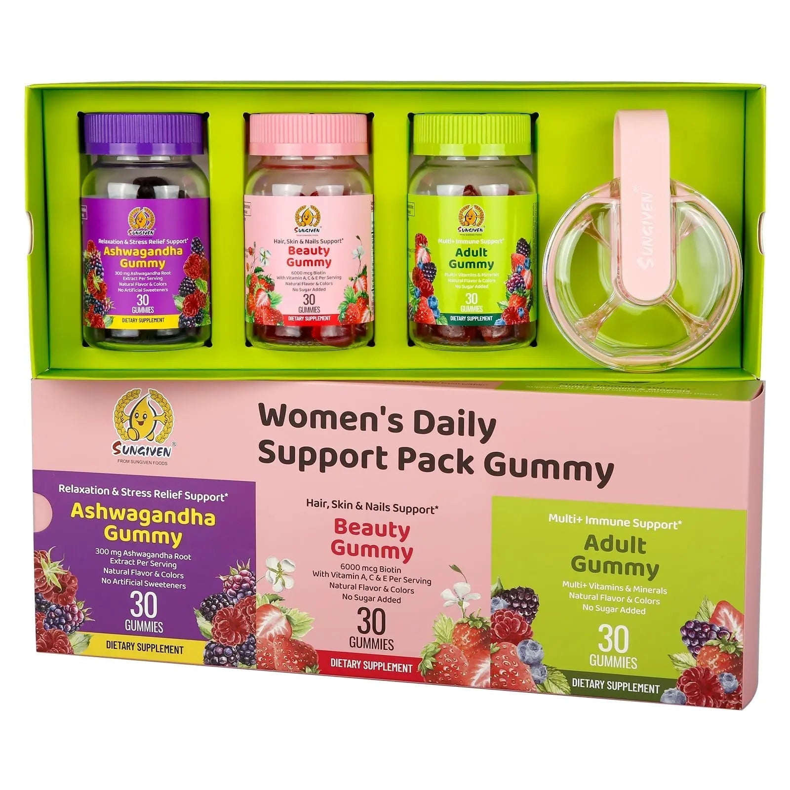 Women's Multivitamin Gummy Pack, 3 Support for Hair Skin Nails Sleep Daily Health, Vitamins A, D, C, E, Biotin, Ashwagandha SUNGIVEN