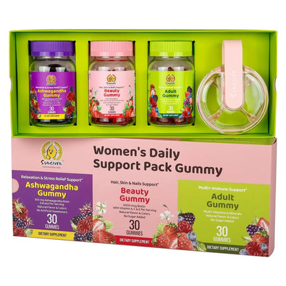 Women's Multivitamin Gummy Pack, 3 Support for Hair Skin Nails Sleep Daily Health, Vitamins A, D, C, E, Biotin, Ashwagandha SUNGIVEN