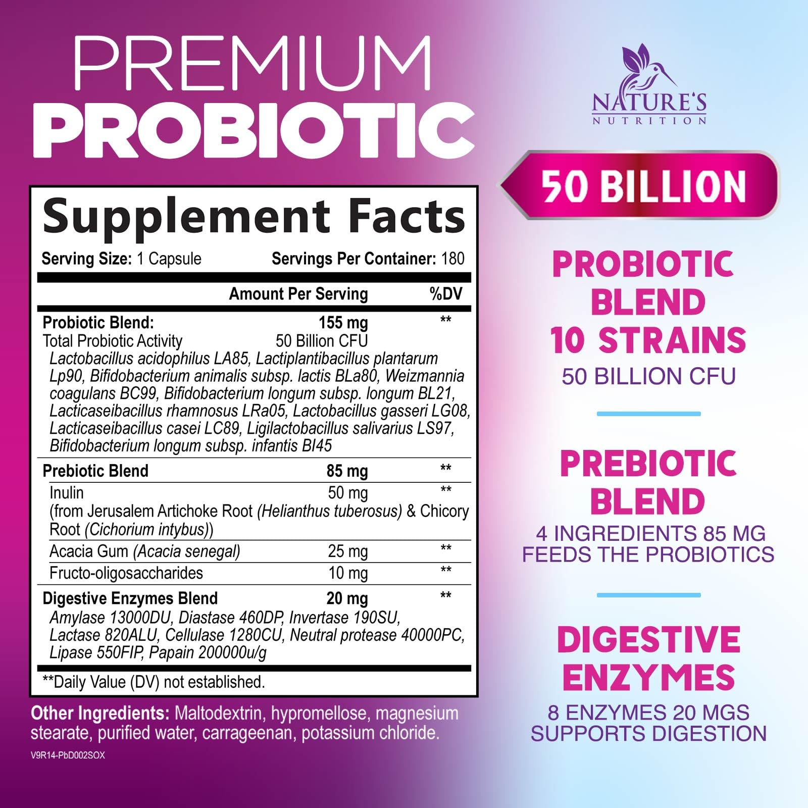 Probiotics for Digestive Gut Health - 50 Billion CFU Per Capsule, 10 Premium Strains & Prebiotics - Best Probiotics for Women & Men, Occasional Constipation, Gas, Immune Health Support - 180 Capsules