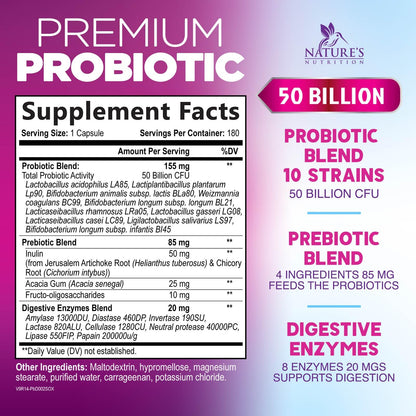 Probiotics for Digestive Gut Health - 50 Billion CFU Per Capsule, 10 Premium Strains & Prebiotics - Best Probiotics for Women & Men, Occasional Constipation, Gas, Immune Health Support - 180 Capsules