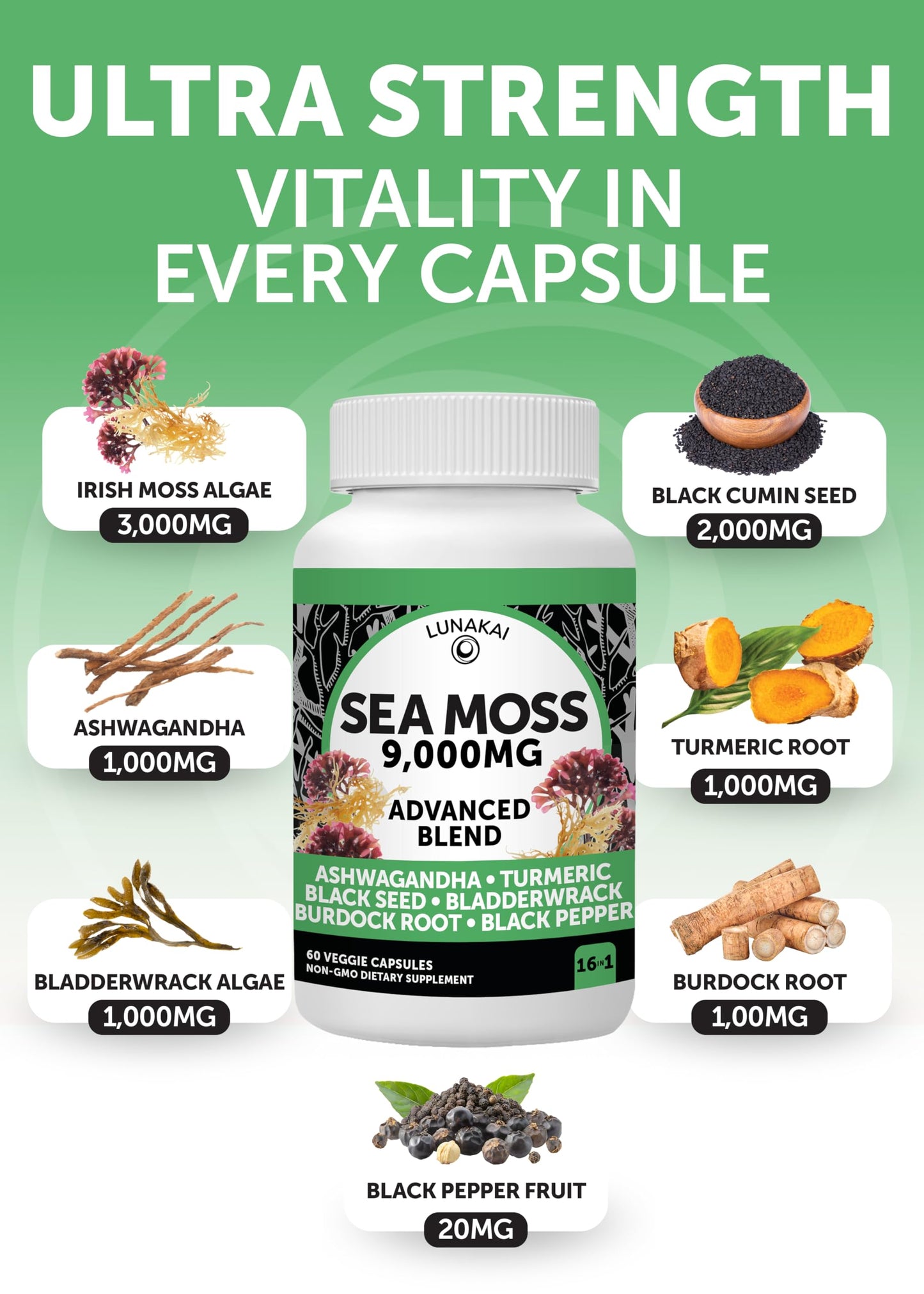 Lunakai USA Made Moringa & Sea Moss Capsules Bundle – 6-in-1 & 16-in-1 Advanced Blends – 60 Non-GMO Veggie Capsules Each Lunakai buy supplements Au