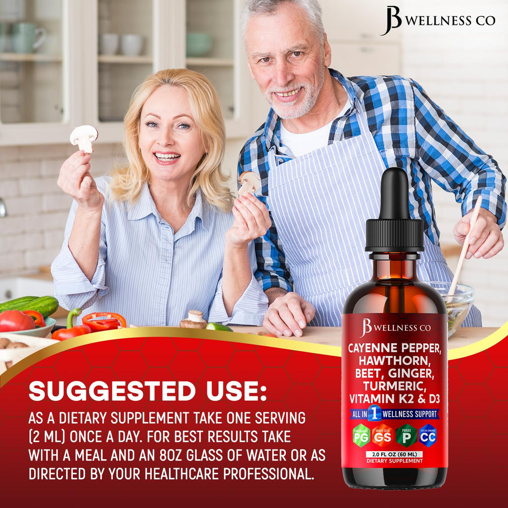 Cayenne Pepper Supplement Liquid Drops + Hawthorn Berry, Vitamin D3 K2 Beet Root Powder, Ceylon Cinnamon, Turmeric Curcumin, Organic Panax Ginseng - 4oz JB Wellness Co buy supplements Au