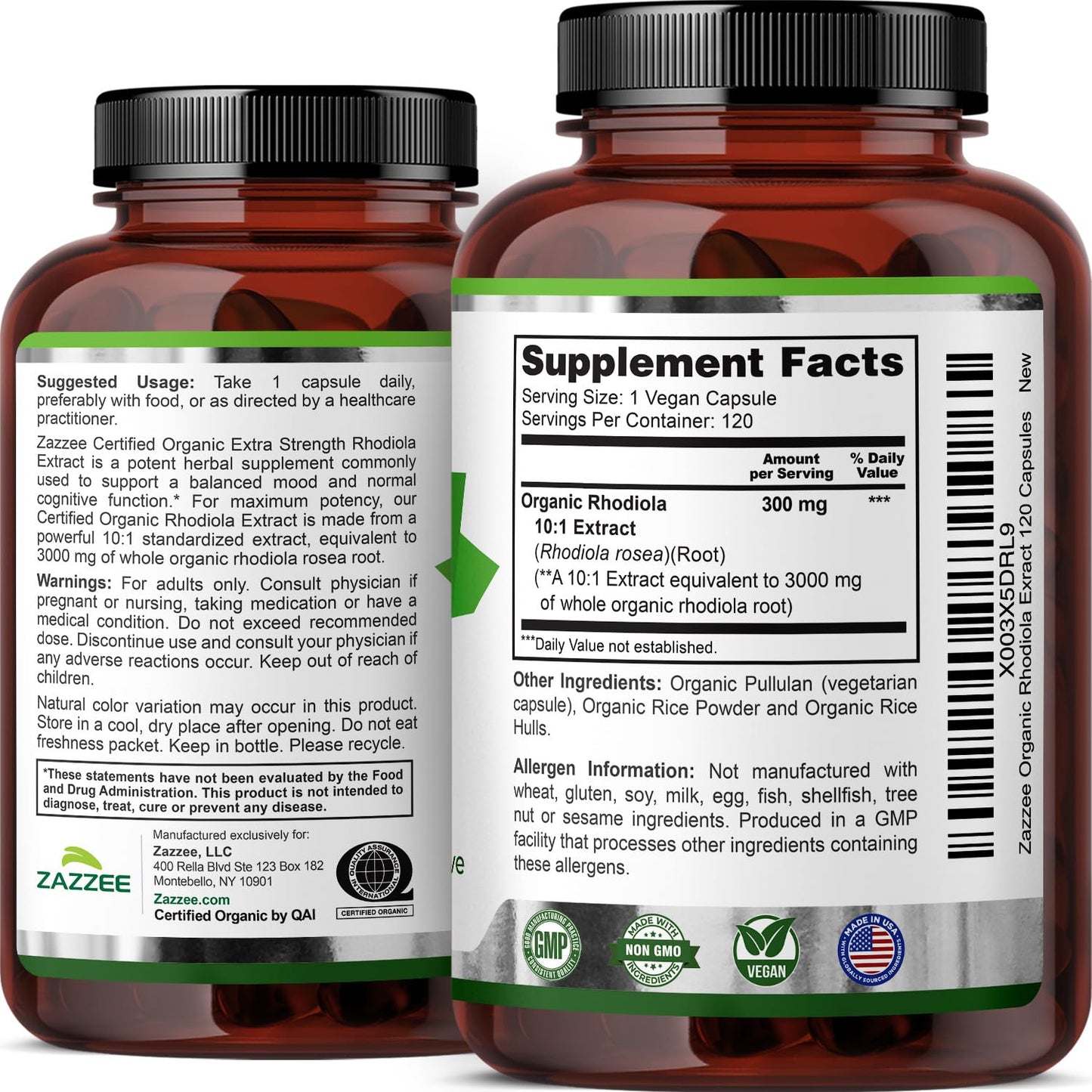 Zazzee USDA Organic Rhodiola 10:1 Extract, 120 Capsules, 4 Month Supply, Rhodiola Rosea, Energy, Stress & Mental Focus Support, Concentrated 10X Extract