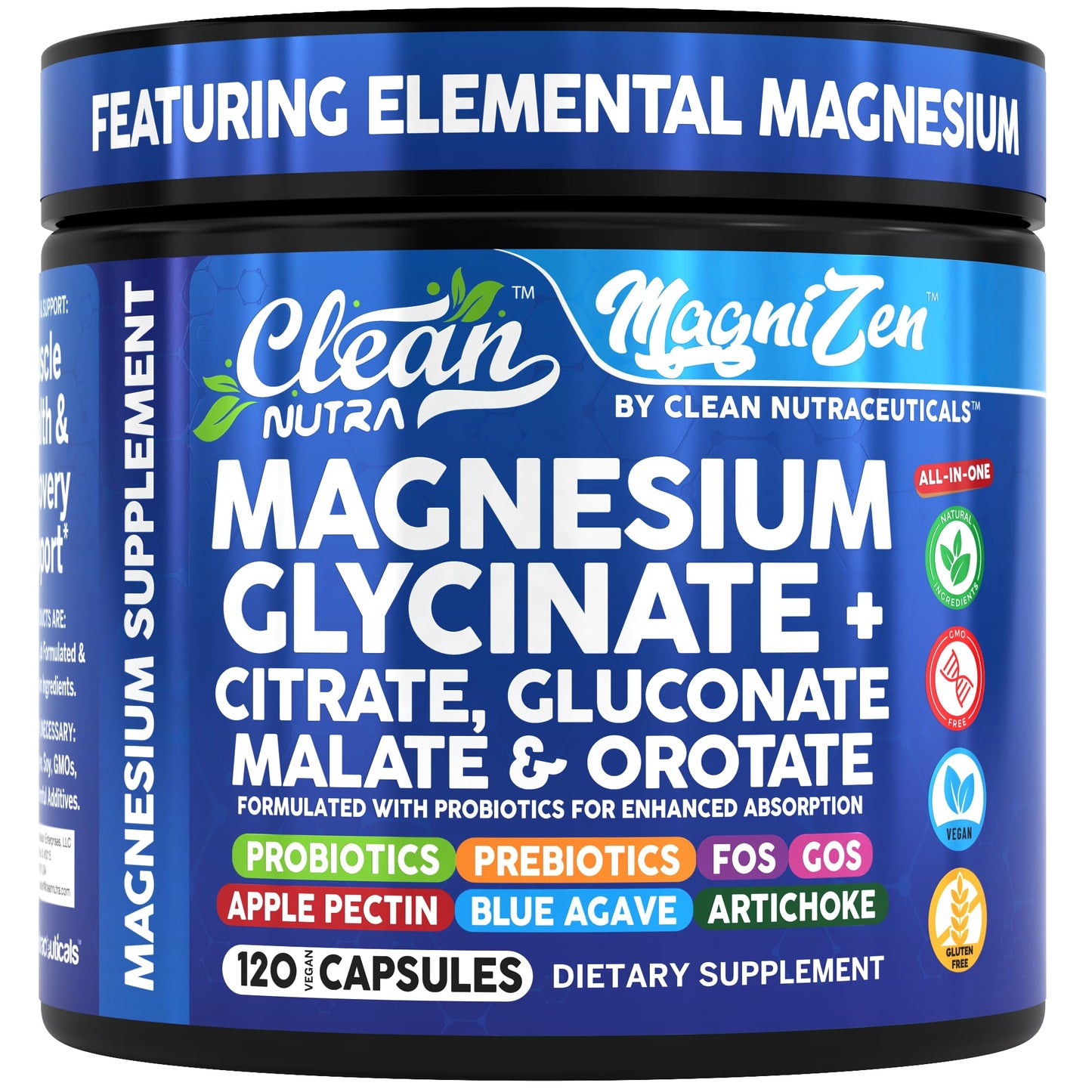 Supplement container labeled 'Clean Nutra MagniZen' with blue and white design.