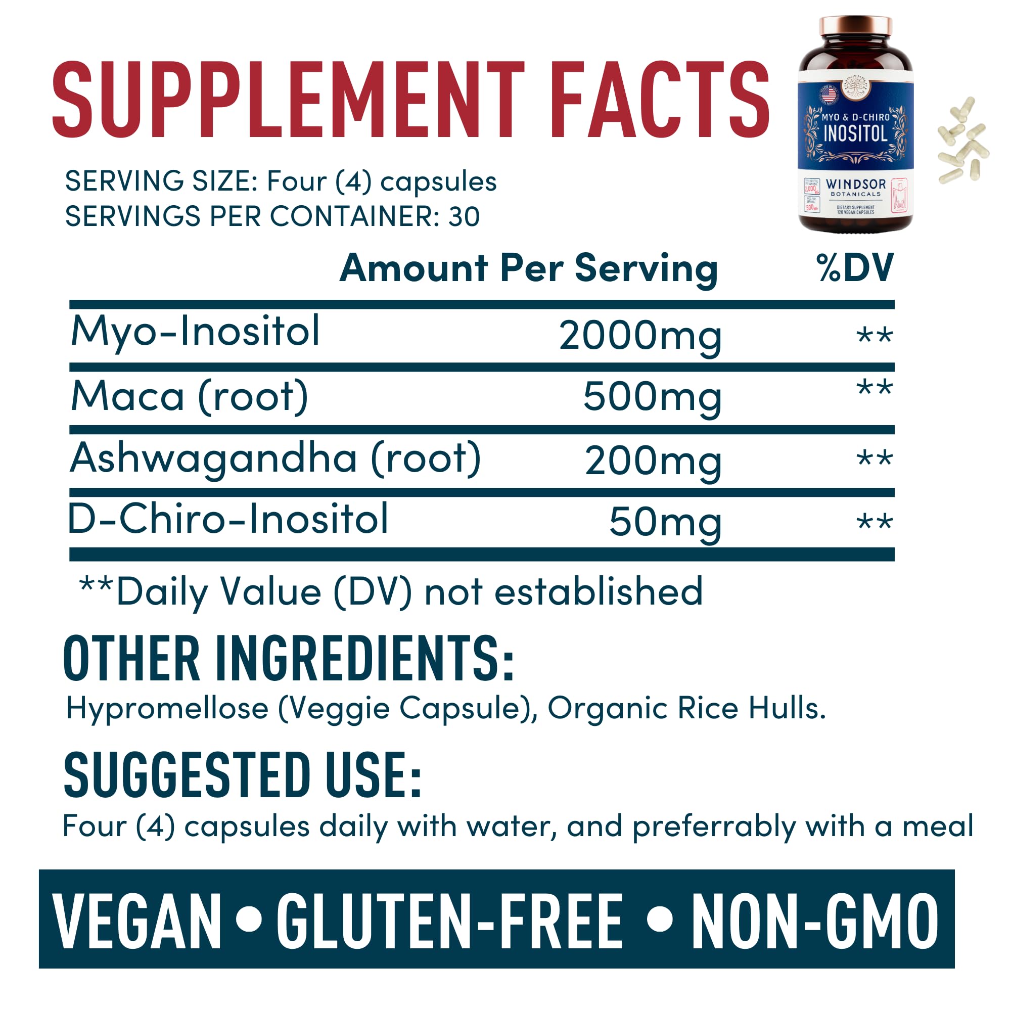 Myo-Inositol & D-Chiro Inositol 40:1 Ratio 2,000 mg - PCOS Supplements with Maca Root & Ashwagandha - Ovarian Health Support Vitamins - Hormone & Fertility Supplements for Women - 120 Vegan Caps WINDSOR BOTANICALSBuy Supplements Australia