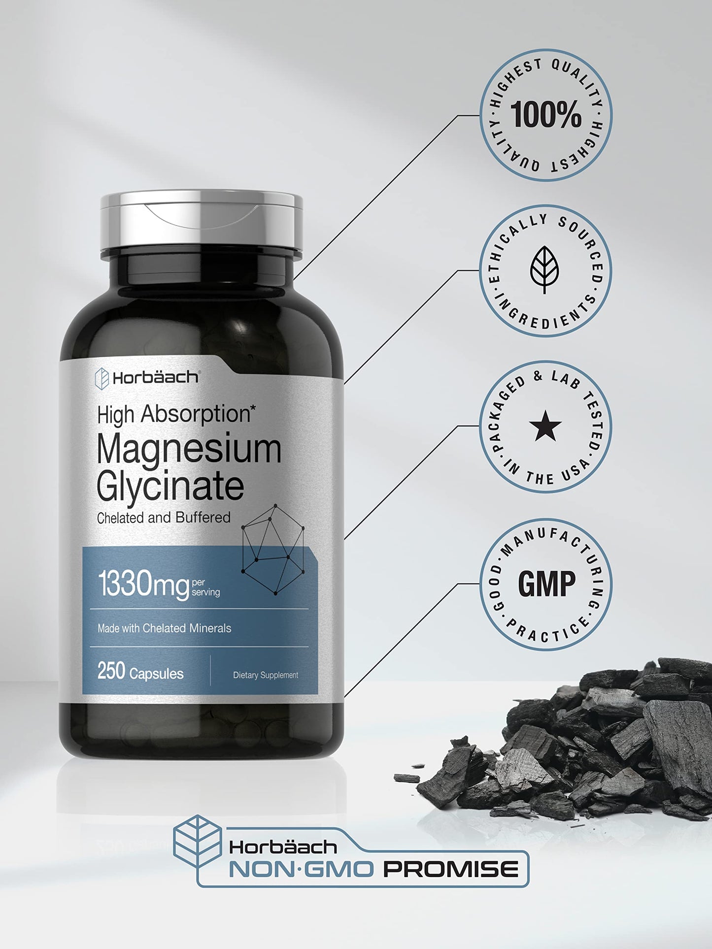 Horbaach Magnesium Glycinate 1330mg | 250 Capsules | Buffered with Chelated Minerals | 240 mg per Serving | Non-GMO, Gluten Free Supplement