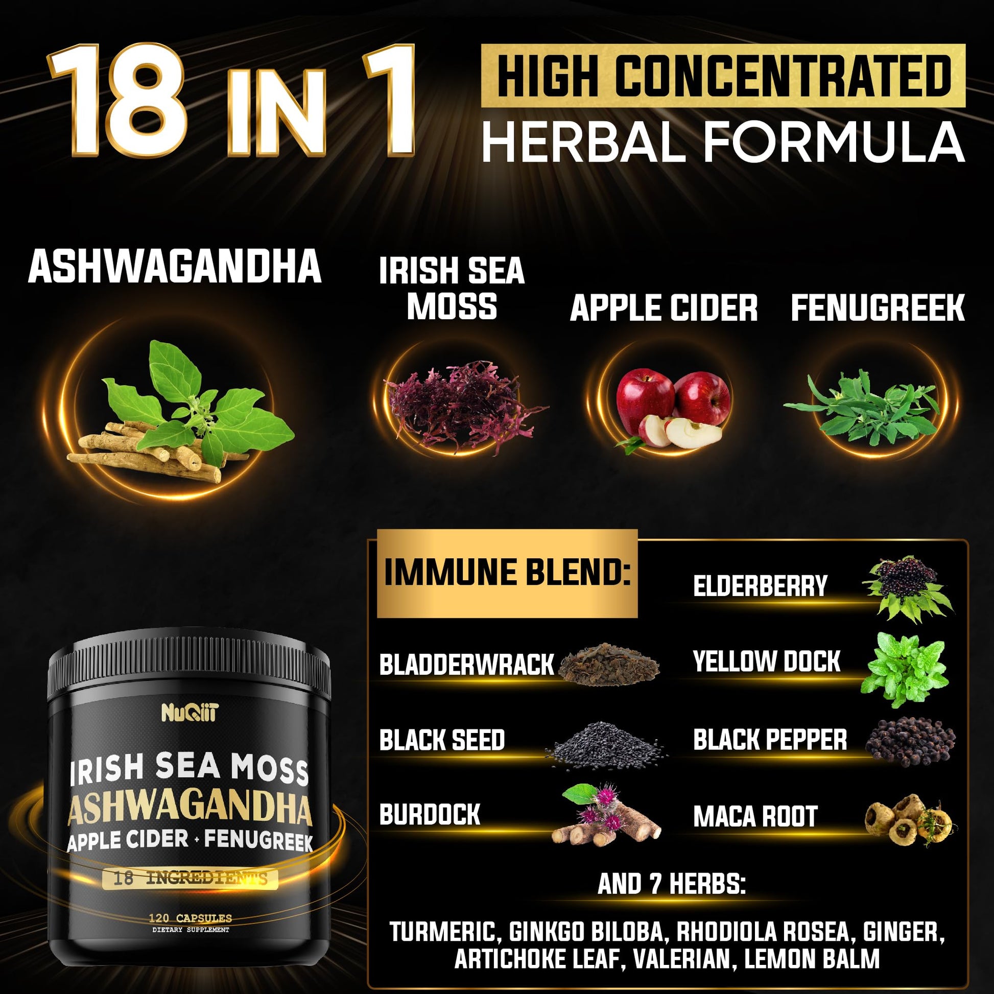 NUQIIT Organic Ashwangdha Capsules 15000mg Irish Sea Moss Apple Cider Vinegar & More - Support Brain Health, Strength & Immune System - 120 Vegan Capsules NUQIIT buy supplements Au