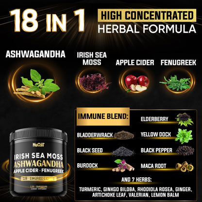 NUQIIT Organic Ashwangdha Capsules 15000mg Irish Sea Moss Apple Cider Vinegar & More - Support Brain Health, Strength & Immune System - 120 Vegan Capsules NUQIIT buy supplements Au