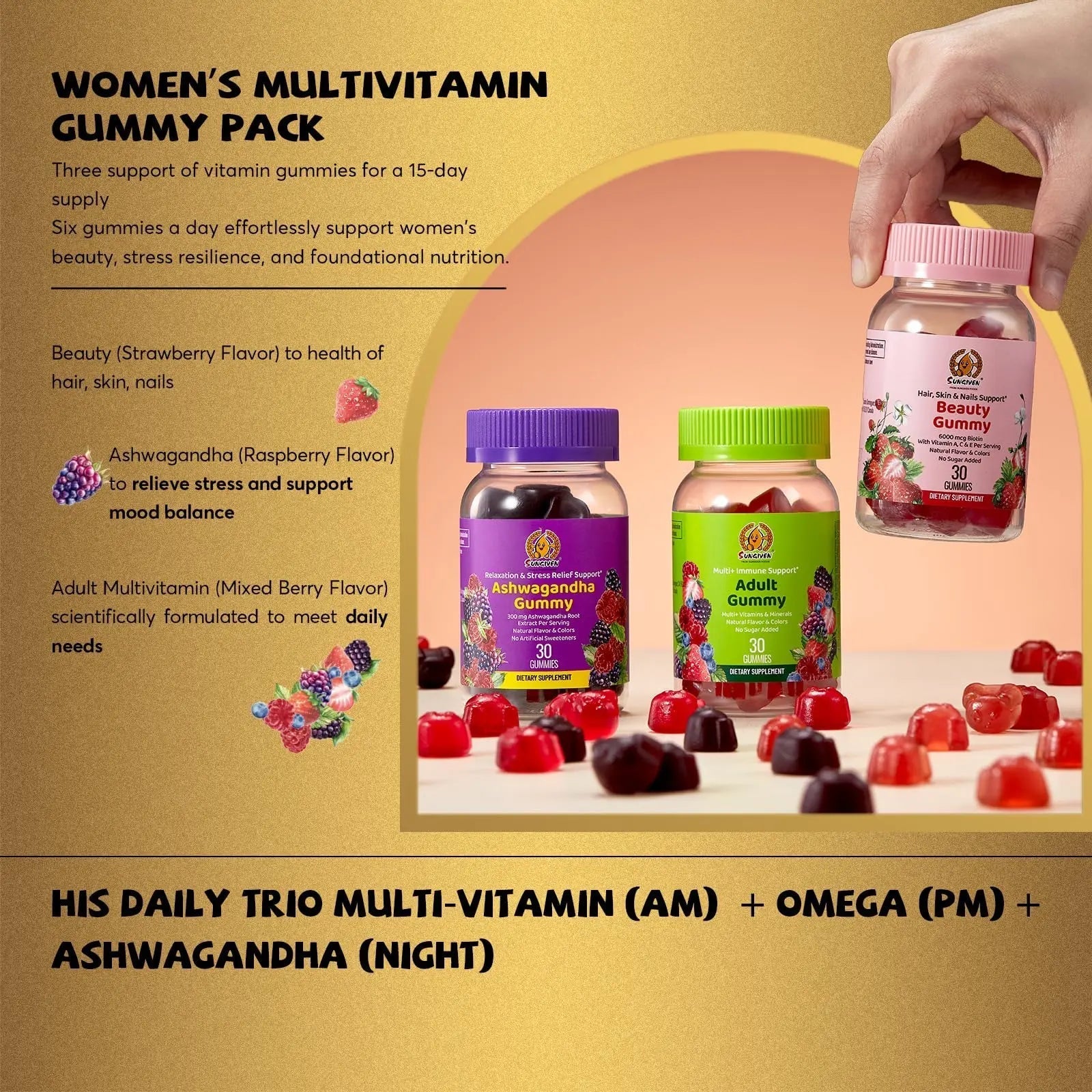 Women's Multivitamin Gummy Pack, 3 Support for Hair Skin Nails Sleep Daily Health, Vitamins A, D, C, E, Biotin, Ashwagandha SUNGIVEN