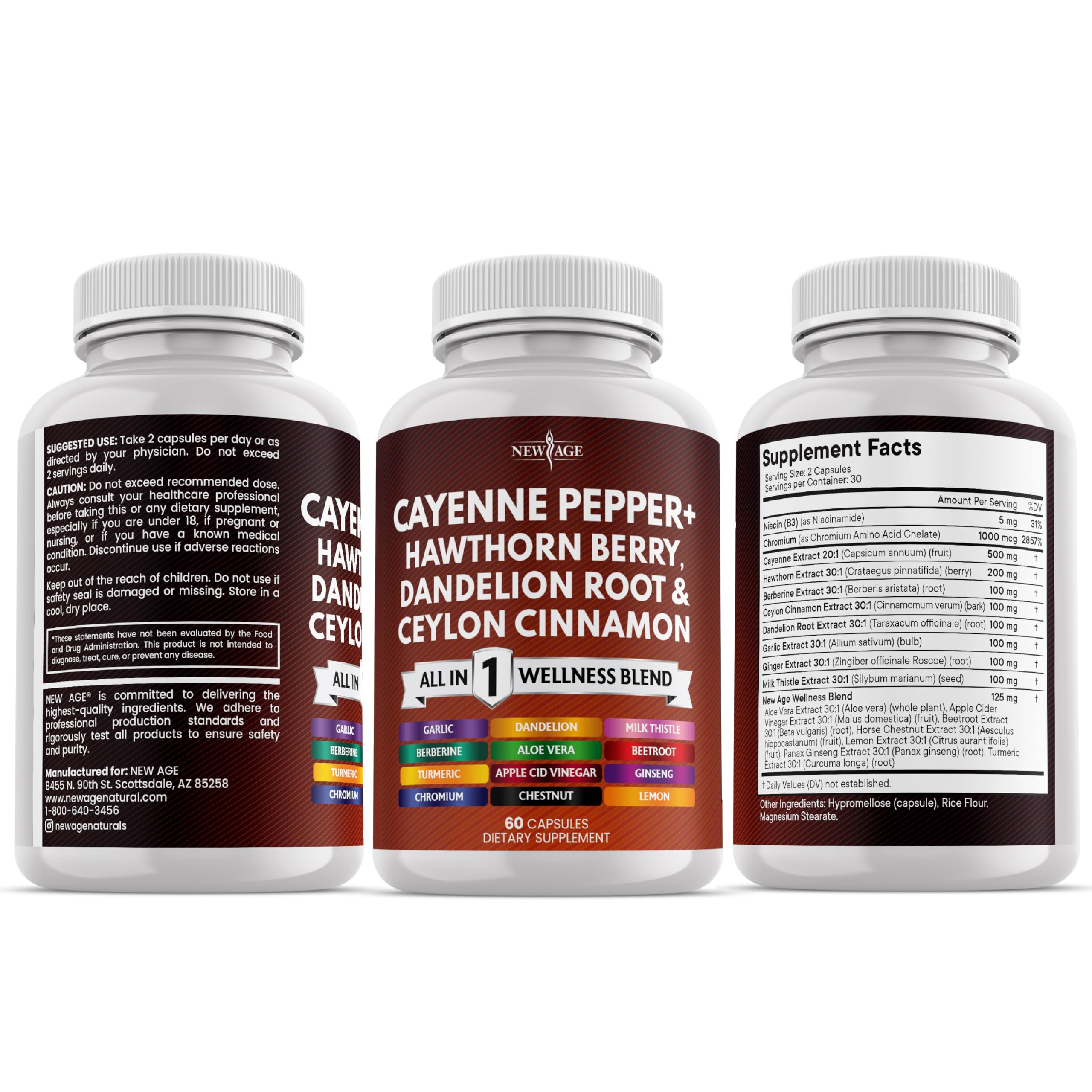 NEW AGE Cayenne Pepper Capsules Supplement with Hawthorn Berry, Dandelion Root, Ceylon Cinnamon, Garlic, Ginger, ACV, Milk Thistle, Beet Root, Aloe Vera - 120 Count NEW AGE buy supplements Au