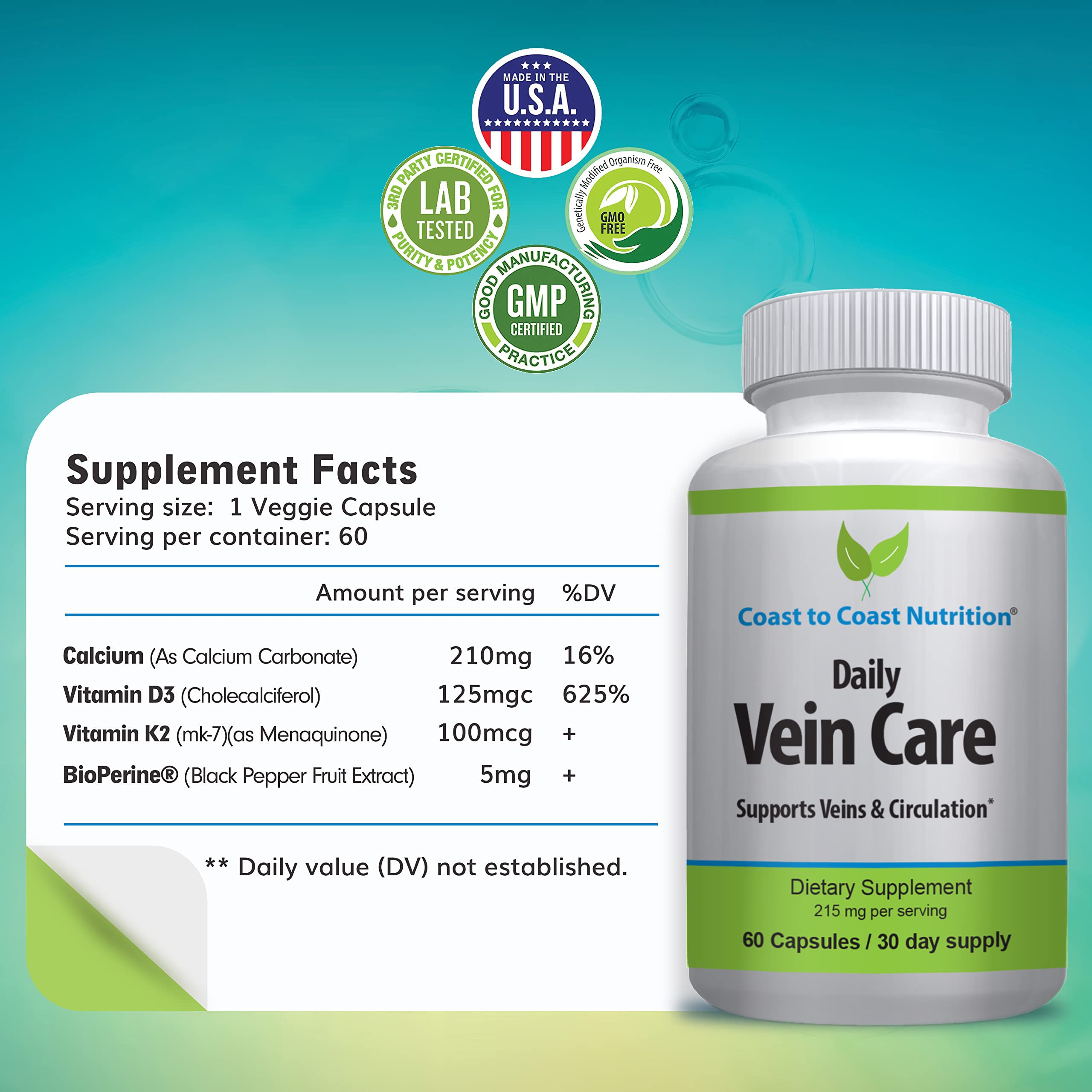 Coast to Coast Nutrition Daily Vein Care Supplement Capsules — Circulation Formula with a Natural Blend of Calcium, Vitamin D3, Vitamin K2 Plus BioPerine for Max Absorption Vein Formula — 60 Capsules Coast to Coast NutritionBuy Supplements Australia