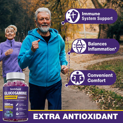 Simhould 2 Packs Glucosamine Chondroitin Gummies - 3000MG Extra Strength Joint Support Supplement with MSM & Elderberry, Flexibility, Antioxidant Immune Support