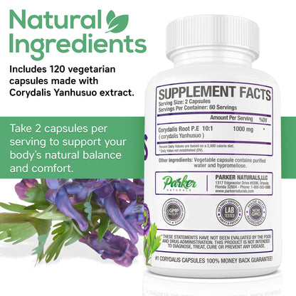 Pure Corydalis Root Extract Capsule - 1000mg Strength, 10:1 Corydalis Yanhusuo Extract, Natural Relief, Long Lasting, 100% Vegetarian, 60 Servings, 120 Count Parker NaturalsBuy Supplements Australia