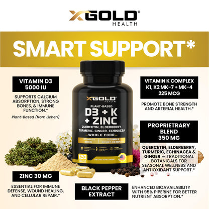 Vitamin D, K2, K1, Zinc, Quercetin, Elderberry, Turmeric, Ginger & Echinacea Whole Food Supplement 8 in 1- D3 5000 IU Plant-Based from Lichen, Vitamin K (K2 MK7, MK4, K1), D3 K2 Vitamins -120 Capsules X Gold Health buy supplements Au