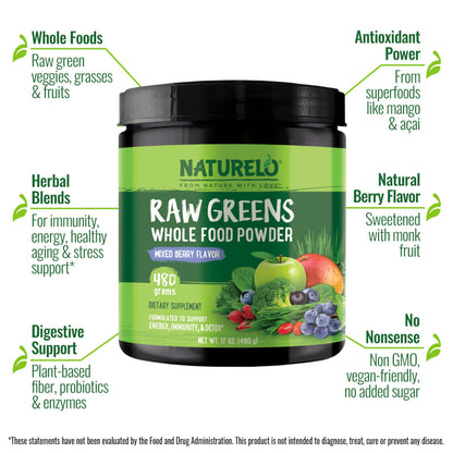 NATURELO Raw Greens Superfood Powder 480 Grams, Mixed Berry - Supports Energy, Immunity and Detox - Includes Spirulina, Wheat Grass and Organic