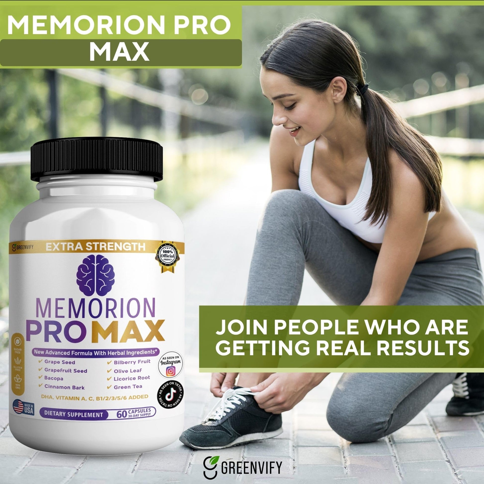 GREENVIFY Memorion Pro Max Extra Strength Brain Support Supplement, 60 Capsules, with DHA, Vitamins, Herbal Blend, 30-Day Supply (1) GREENVIFY buy supplements Au