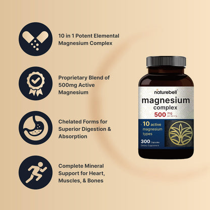 Magnesium Complex 500mg, 300 Capsules | 10-in-1 Magnesium Glycinate, Citrate, Malate & More | Chelated Form for Easy Absorption | Non-GMO NatureBell buy supplements Au