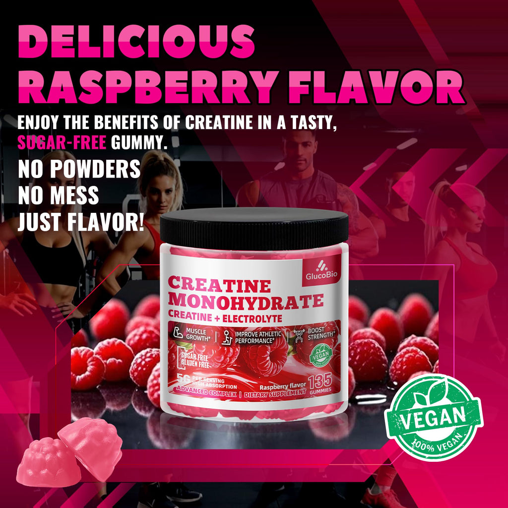 GlucoBio Creatine Monohydrate Gummies (5g) – Pre-Workout Energy & Muscle Growth Support for Men & Women