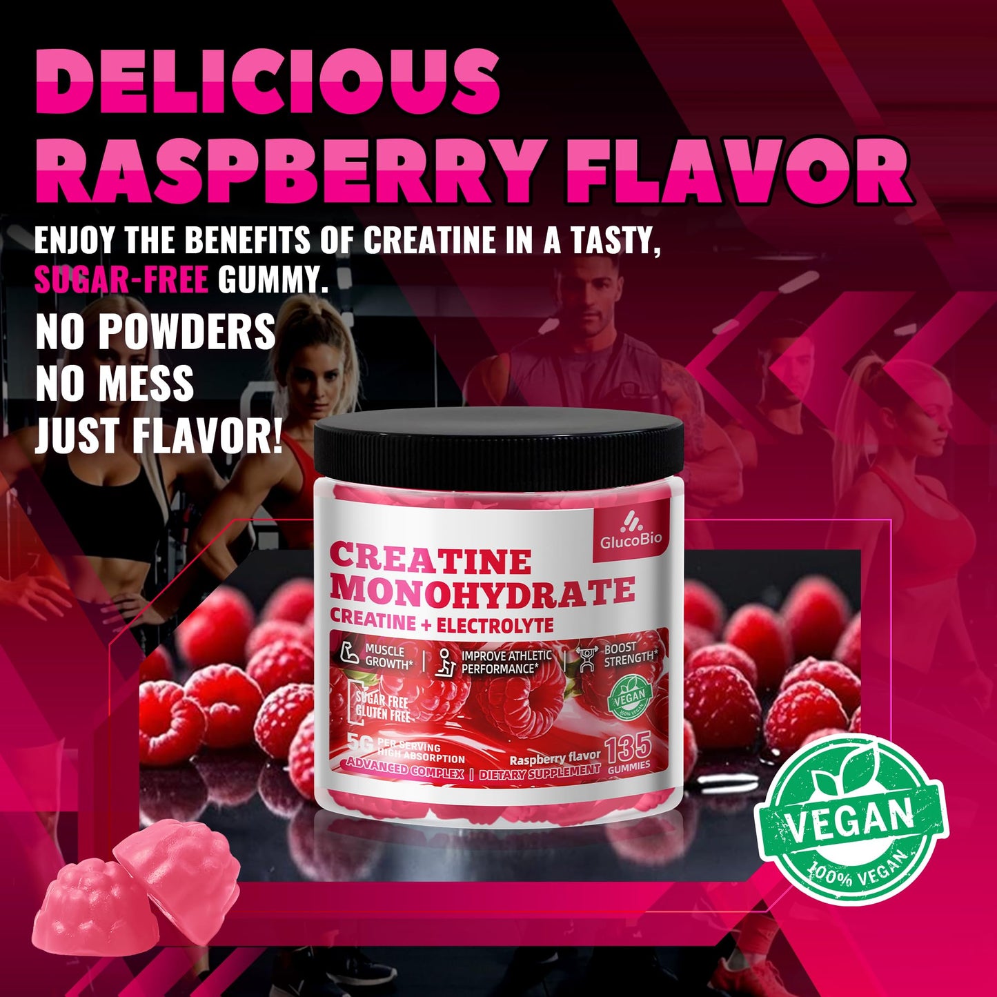 GlucoBio Creatine Monohydrate Gummies (5g) – Pre-Workout Energy & Muscle Growth Support for Men & Women
