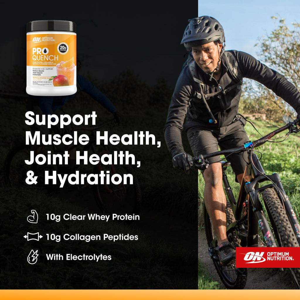 Optimum Nutrition Pro Quench, 10g Clear Protein, 10g Collagen peptides & Electrolyte Powder Drink Mix, Tropical Orange Mango, 20 Servings,
