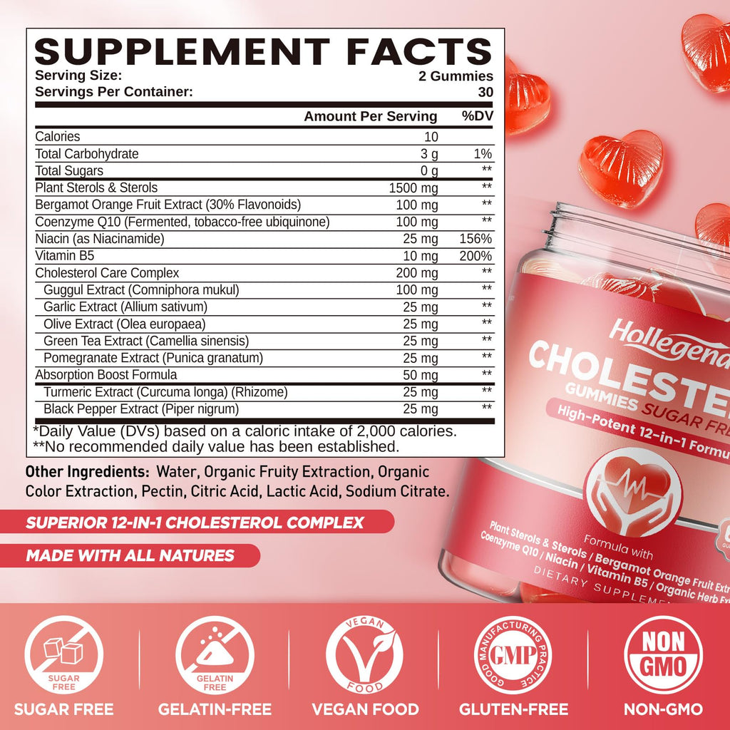 HOLLEGEND Cholesterol Supplements Gummies Sugar Free, 1500mg Plant Sterols for Cholesterol Health, Plus Citrus Bergamot, CoQ10 & Vitamins for Heart Health, Vegan, Mixed Berry Flavor, 60 Chewables HOLLEGENDBuy Supplements Australia