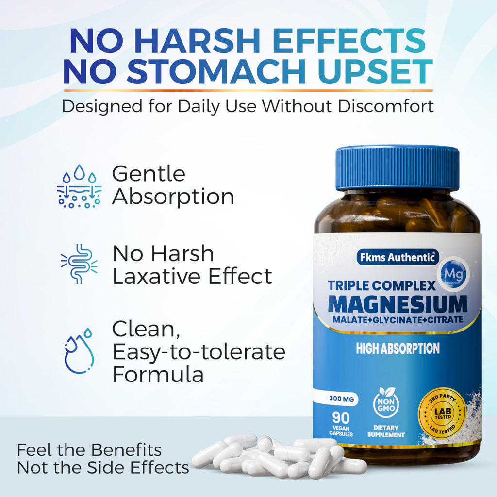 FKMS Authentic Triple Magnesium Complex | 300mg Magnesium Glycinate, Malate & Citrate for Sleep, Stress & Muscle Support | Non-GMO, Vegan, Gentle on Stomach | High Absorption | 90 Capsules FKMS AUTHENTIC buy supplements Au