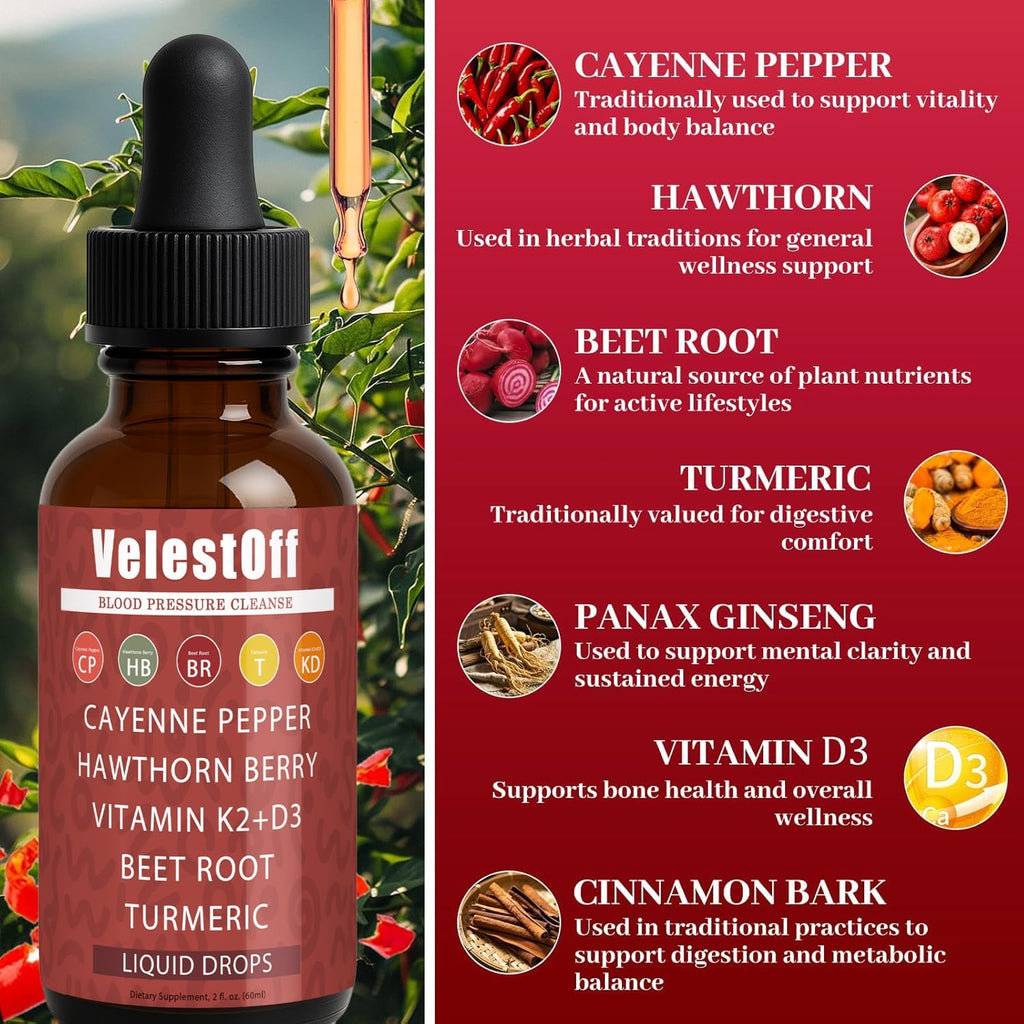 Velestoff Cayenne Pepper | Cayenne Heart & Circulation Blend – Botanical Extracts with Hawthorn, Beet Root, Turmeric, Vitamin K2 & D3 – Daily Wellness Drops (2 fl oz) (1) DFTLUUE buy supplements Au