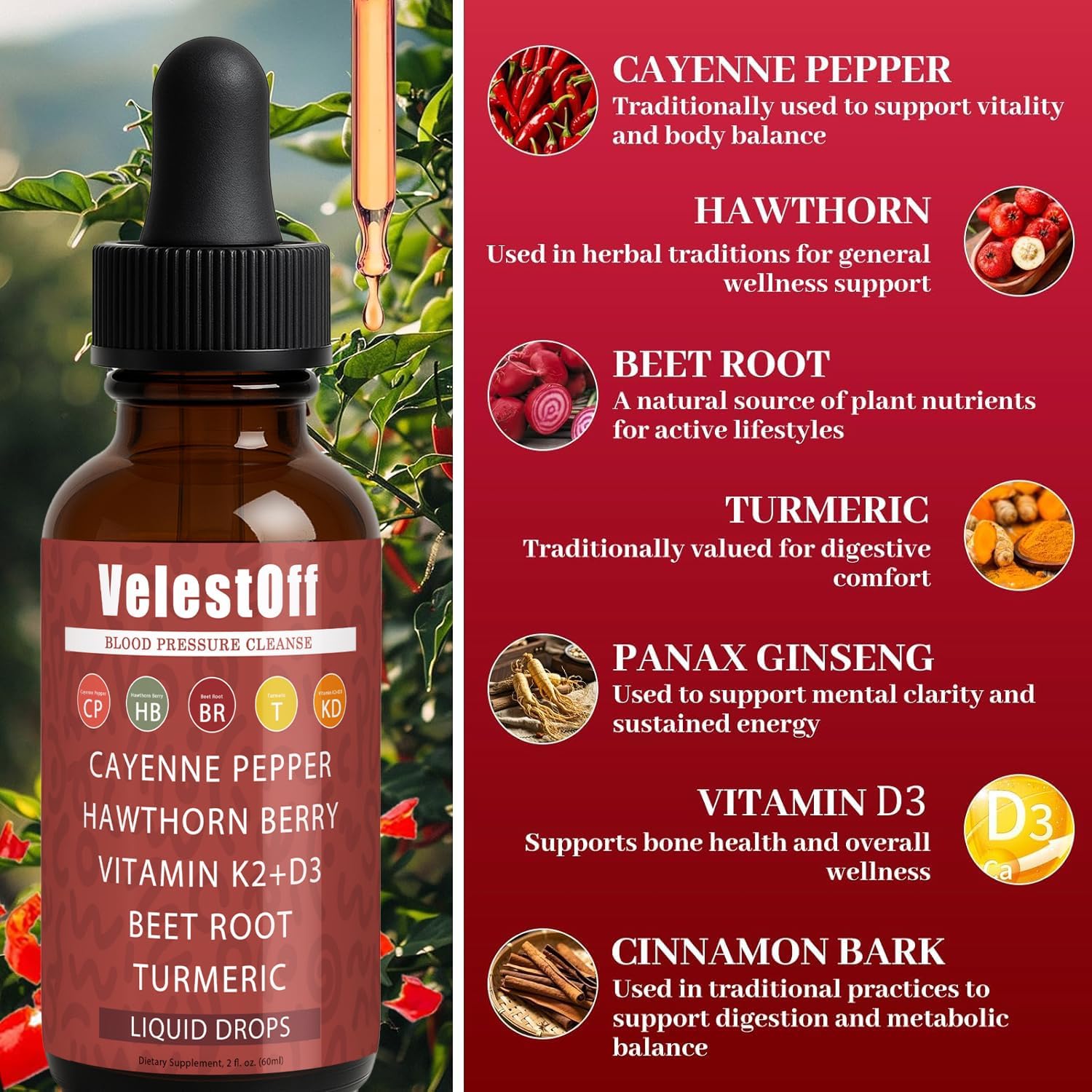 Velestoff Cayenne Pepper | Cayenne Heart & Circulation Blend – Botanical Extracts with Hawthorn, Beet Root, Turmeric, Vitamin K2 & D3 – Daily Wellness Drops (2 fl oz) (1) DFTLUUE buy supplements Au