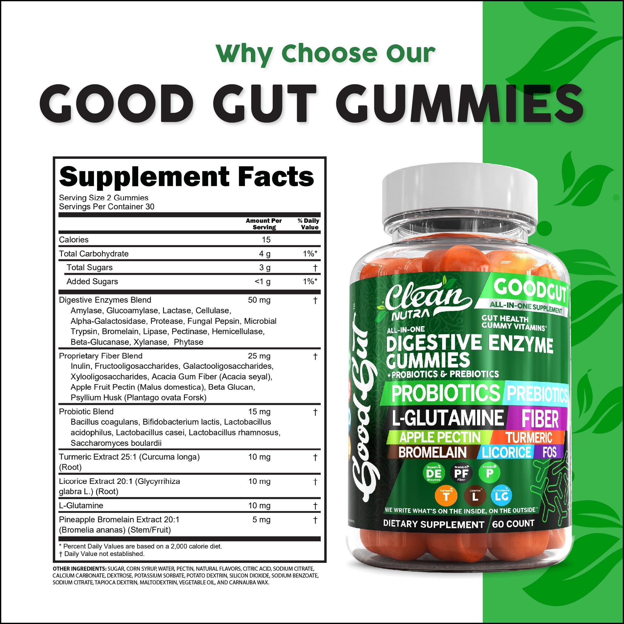 Clean Nutraceuticals Digestive Enzymes with Probiotics & Prebiotics for Digestive Health Gummies & L-Glutamine for Gut Health Bromelain Apple Pectin Inulin FOS Plant