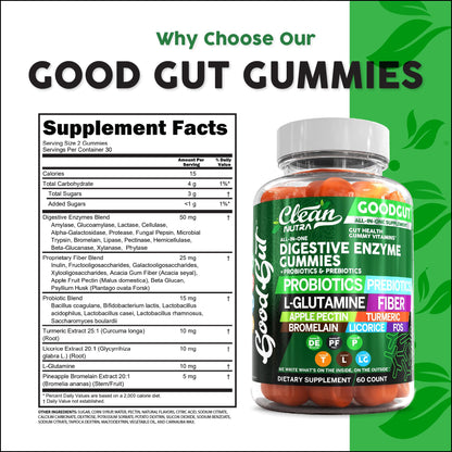 Clean Nutraceuticals Digestive Enzymes with Probiotics & Prebiotics for Digestive Health Gummies & L-Glutamine for Gut Health Bromelain Apple Pectin Inulin FOS Plant