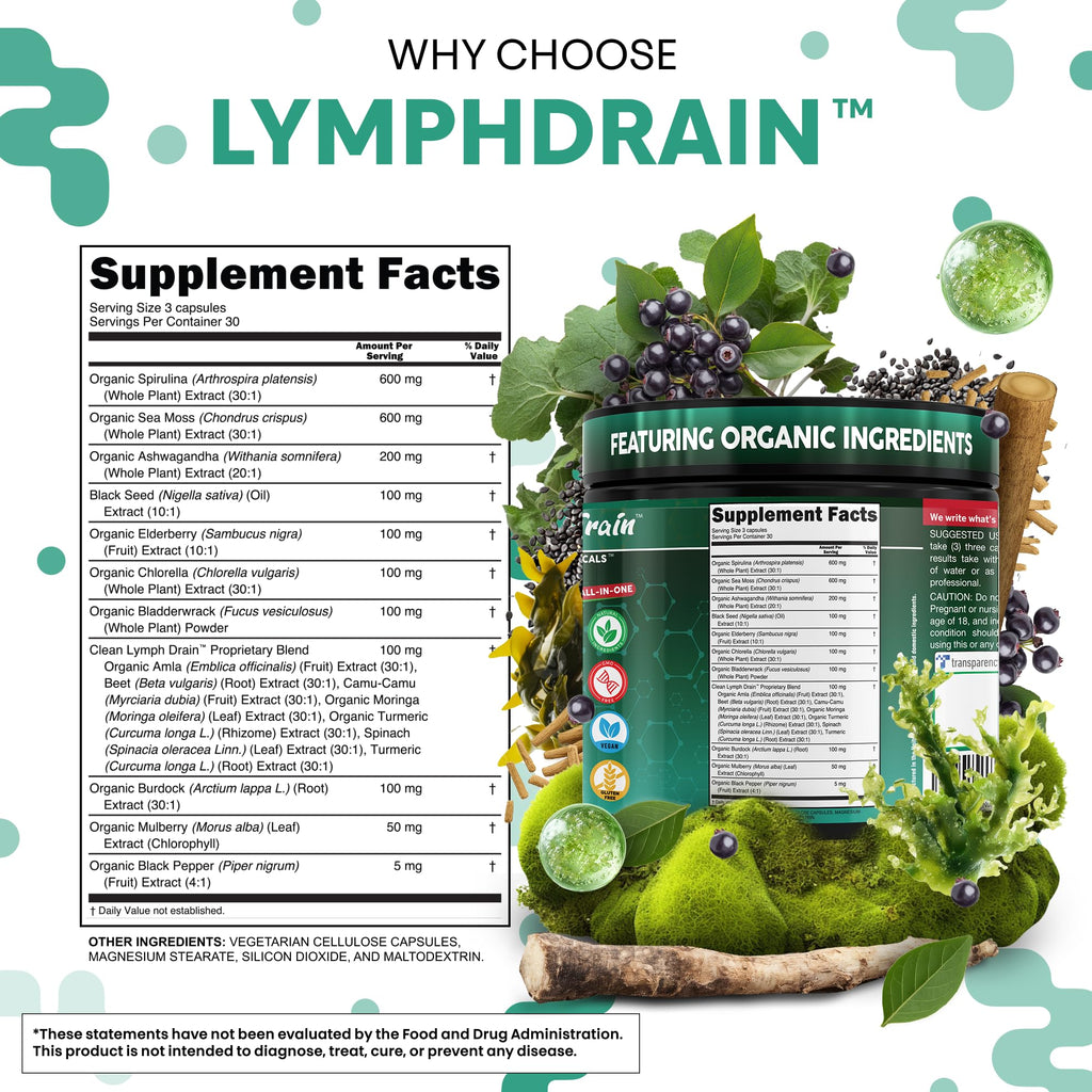 Organic Lymphatic Drainage Supplements | Elderberry Bladderwrack Burdock Root Black Seed Oil Spirulina Sea Moss Ashwagandha Chlorella Amla Beet Moringa Chlorophyll Lymph System Capsules By Clean Nutra Clean Nutraceuticals buy supplements Au