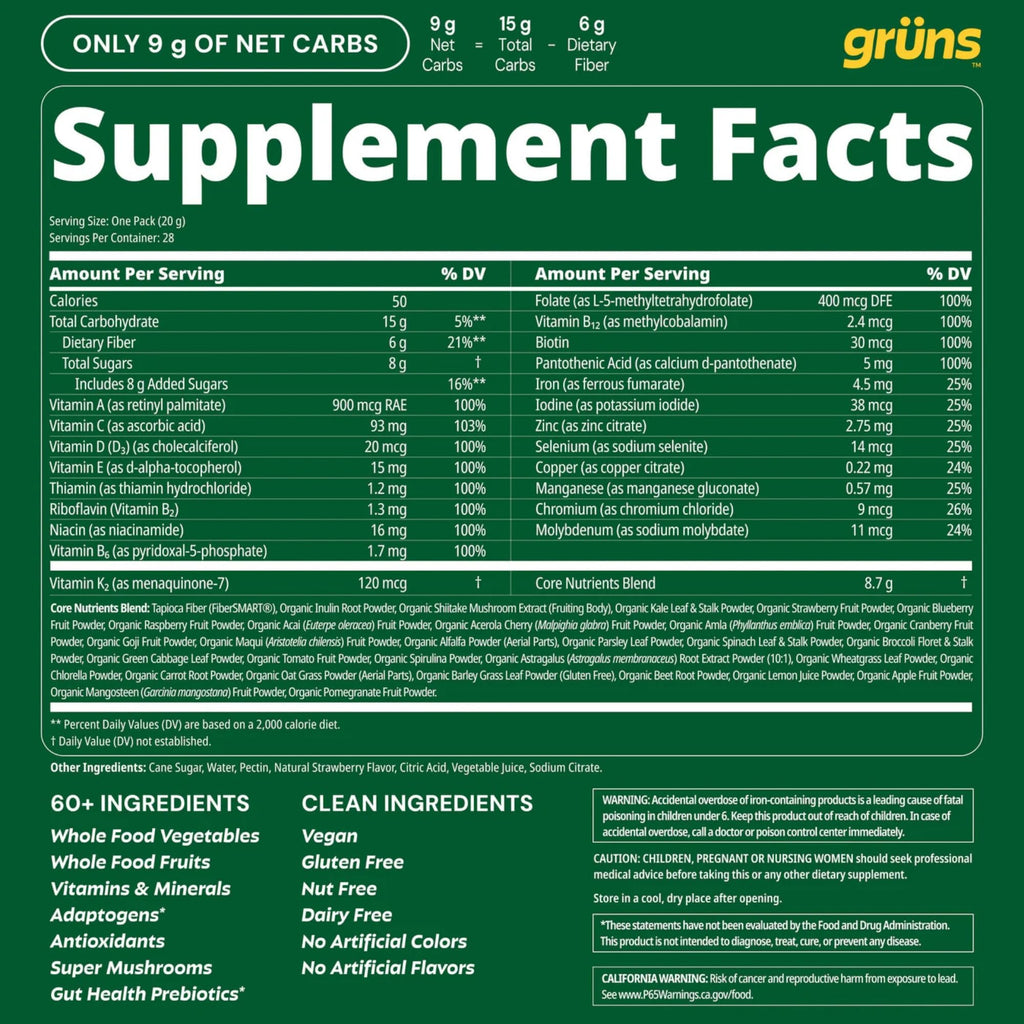 Gruns Adult Super Greens Multivitamin Gummies, Superfood Gummy Vitamins for Women and Men with Spirulina, Chlorella, Adaptogens & Prebiotic Fiber for Digestive Health (28 Count) Grüns buy supplements Au