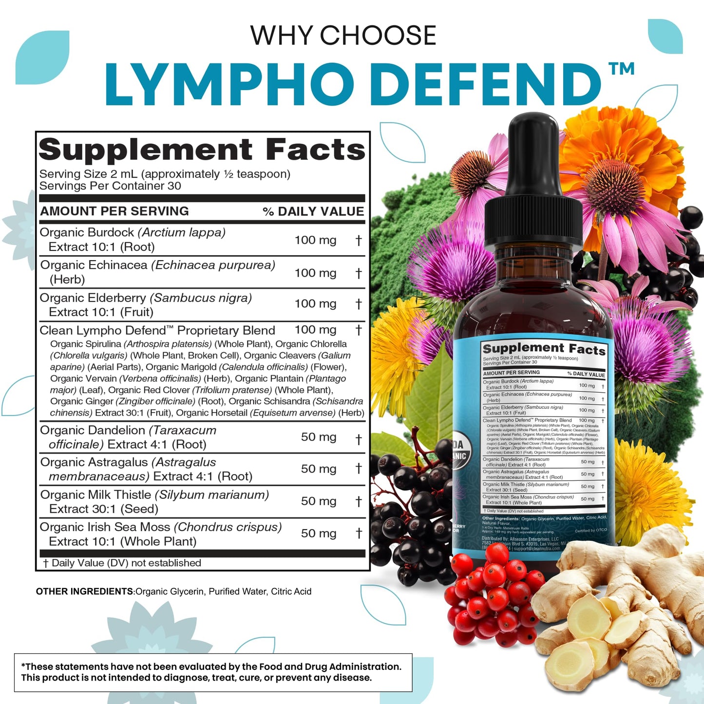 Organic Lymphatic Drainage Supplement | Lymphatic Support Drops | Burdock Root Echinacea Elderberry Dandelion Astragalus Milk Thistle Sea Moss Red Clover Cleanse Marigold Drop By Clean Nutra Clean Nutraceuticals buy supplements Au