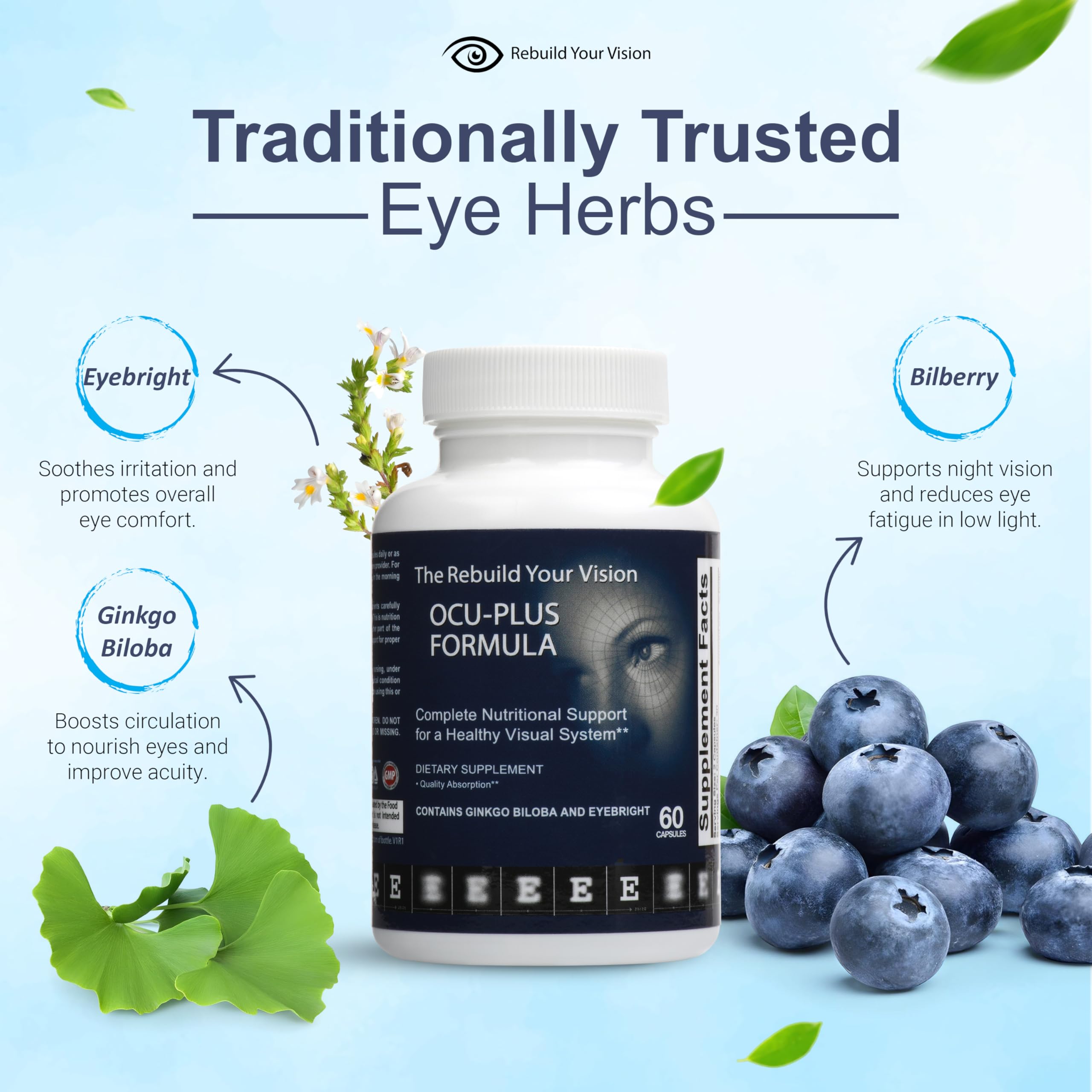 Rebuild Your Vision Ocu-Plus Formula – Eye Health Supplement with Lutein & Zeaxanthin – Supports Visual Clarity, Night Vision & Macular Health – with Bilberry, Ginkgo Biloba & NAC – 60 Capsules Rebuild Your VisionBuy Supplements Australia