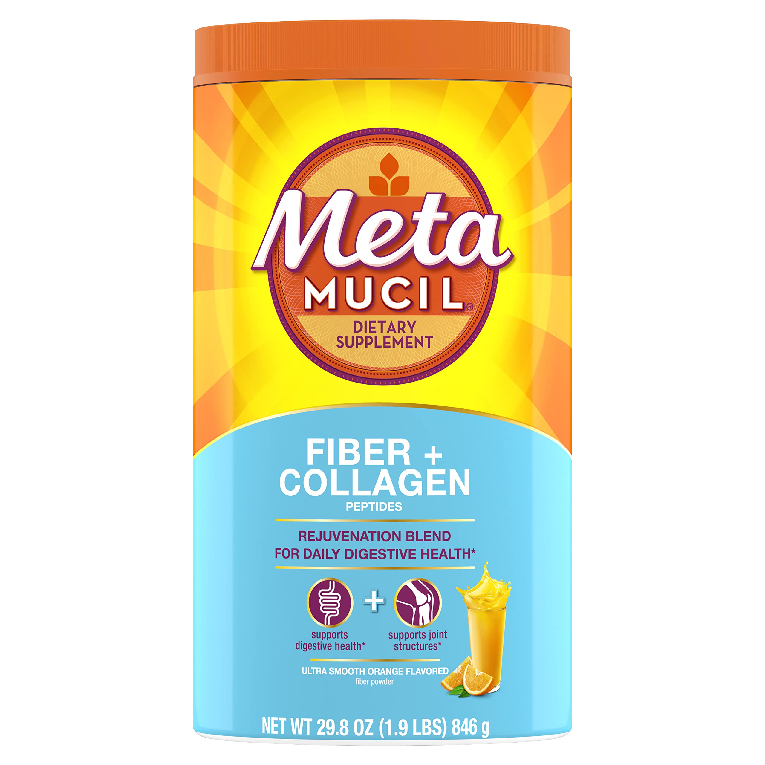 Metamucil Daily Fiber + Collagen, Psyllium Husk Powder, Plant Based Fiber Supplement, Sugar-Free with Stevia, 3-in-1 Fiber Supplement