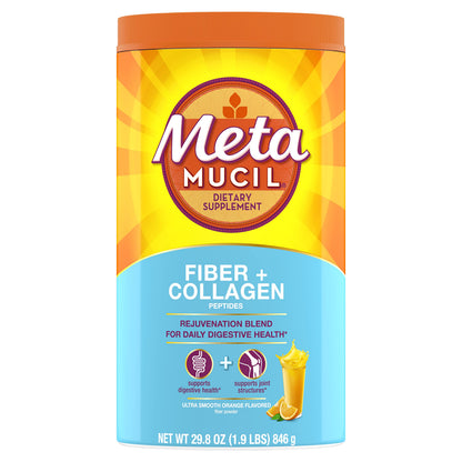 Metamucil Daily Fiber + Collagen, Psyllium Husk Powder, Plant Based Fiber Supplement, Sugar-Free with Stevia, 3-in-1 Fiber Supplement