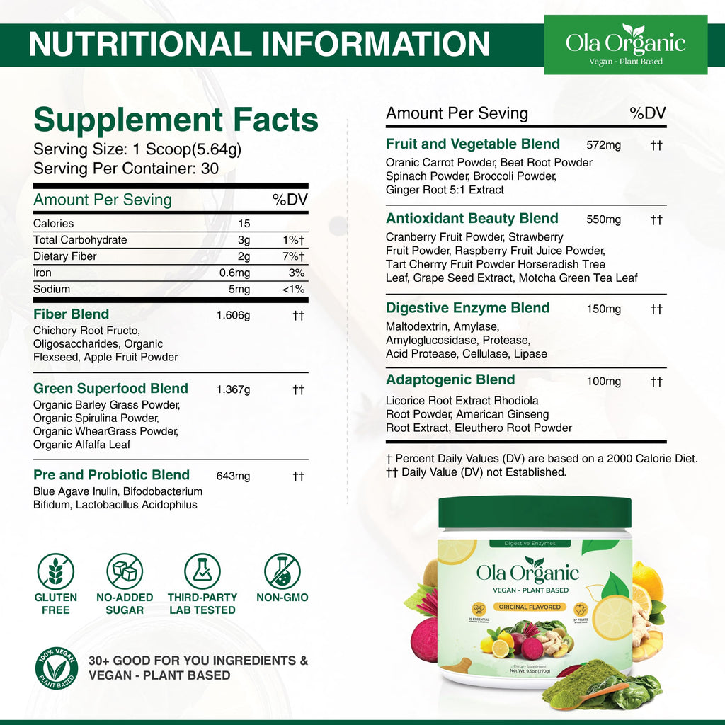 Ola Organic Greens Superfood Powder – Blend of 11 Cruciferous Vegetables with Phytonutrients – Supports Energy, & Immune Health Support – Non-GMO Vegetable Supplement (270g Jar) Ola OrganicBuy Supplements Australia