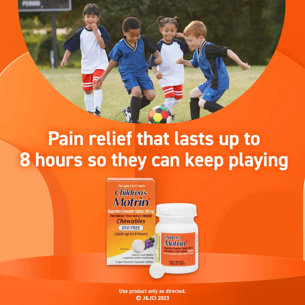 Motrin Children's Dye-Free Chewable Tablets with Ibuprofen, Kids' Fever Reducer & Pain Reliever for Sore Throat, Fever, Toothache & Pain Relief, Grape Flavor, 24 Count (Pack of 2) MotrinBuy Supplements Australia