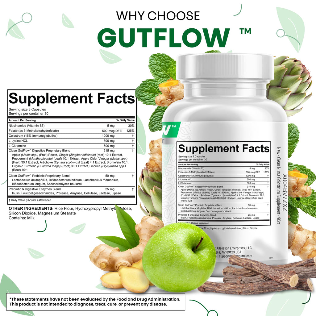 Clean Nutraceuticals Colostrum Supplement Capsules Probiotics Pills Prebiotics, L-Glutamine, Digestive Enzymes, Folate, Fiber, ACV, Turmeric, Apple Pectin and Turmeric Pills