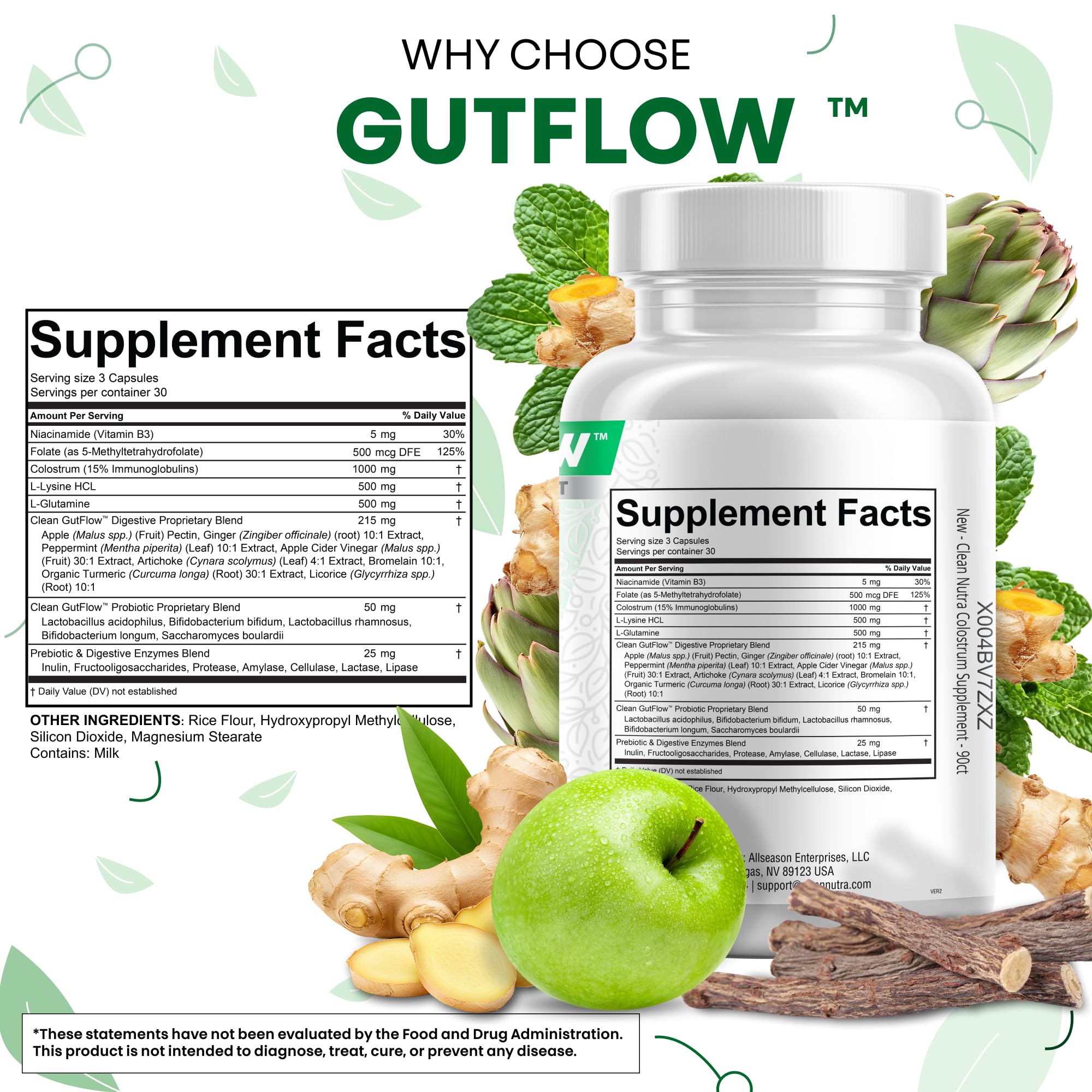 Clean Nutraceuticals Colostrum Supplement Capsules Probiotics Pills Prebiotics, L-Glutamine, Digestive Enzymes, Folate, Fiber, ACV, Turmeric, Apple Pectin and Turmeric Pills