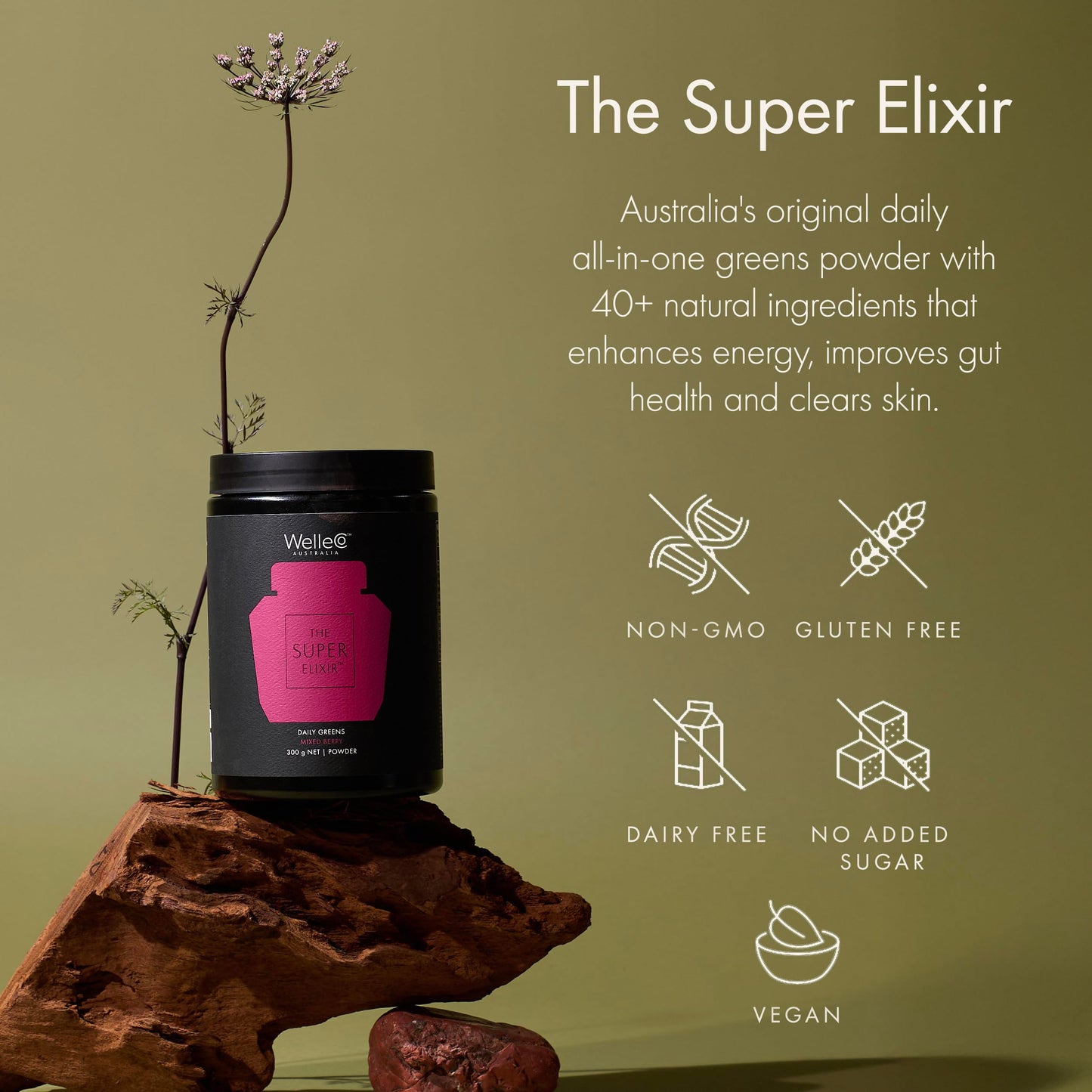 WelleCo The Super Elixir Daily Greens Powder, Probiotic Drink Mix with Whole Foods, Gluten Free, Vegan Gut Health Powder, Energy, Immunity, Healthy Skin, Hair & Nails (300g, Mixed Berry) WelleCoBuy Supplements Australia