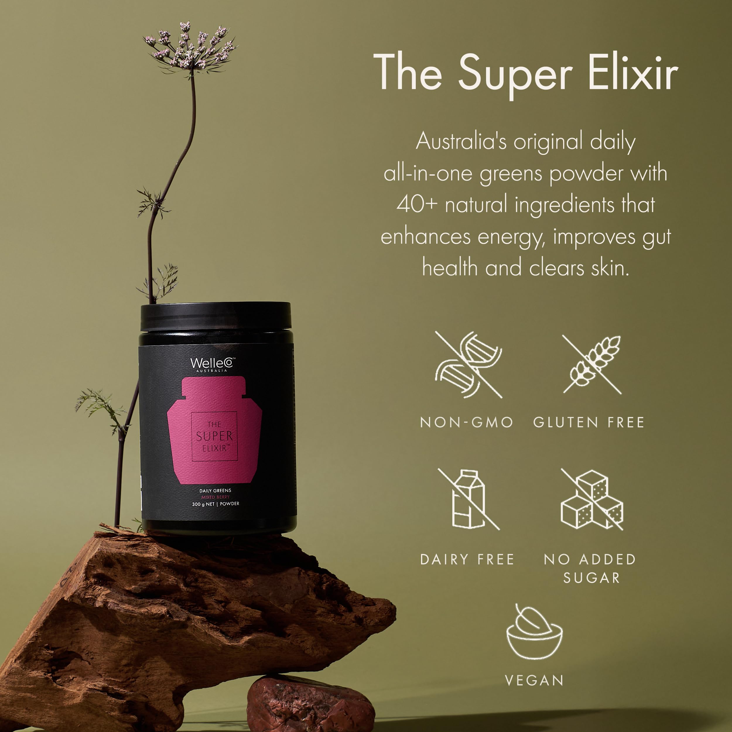 WelleCo The Super Elixir Daily Greens Powder, Probiotic Drink Mix with Whole Foods, Gluten Free, Vegan Gut Health Powder, Energy, Immunity, Healthy Skin, Hair & Nails (300g, Mixed Berry) WelleCoBuy Supplements Australia