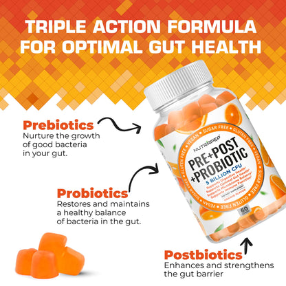 NutraPep Prebiotic Probiotic & Postbiotic Gummies for Women Men & Kids Children - High Potency 5 Billion CFU - Sugar-Free & Gluten 60 Count (Pack of 2)