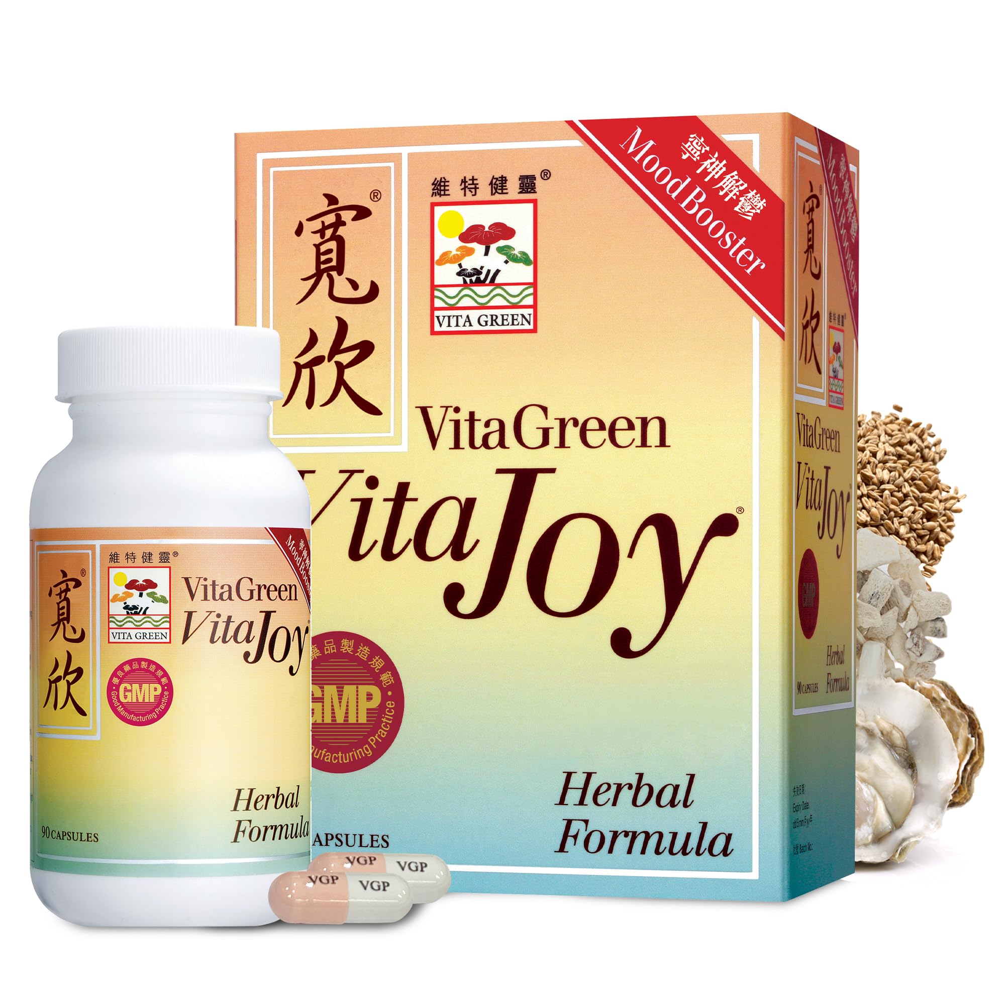 Vita Green Vita Joy herbal formula packaging with bottle and box on a white background