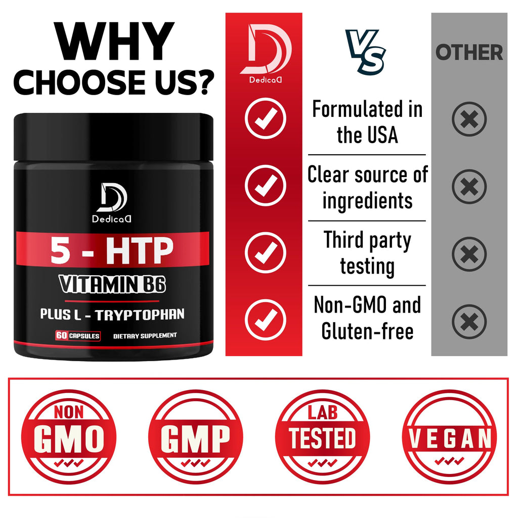 DEDICAD 5 HTP Supplement 1010mg - 60 Capsules - 3in1 Combined with Vitamin B6, L-Tryptophan - Comfortable Mood, Brain Health, Body Management & Immune System Support DEDICAD buy supplements Au