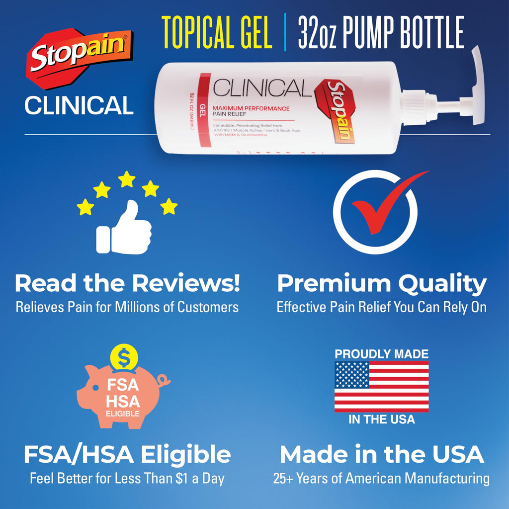 Stopain Clinical Pain Relief Gel 32 oz - Professional Formula for Arthritis, Knee, Back & Muscle Pain - Maximum Strength Gel for Joint & Nerve Pains with 10% Menthol Plus Glucosamine - Made in USA StopainBuy Supplements Australia