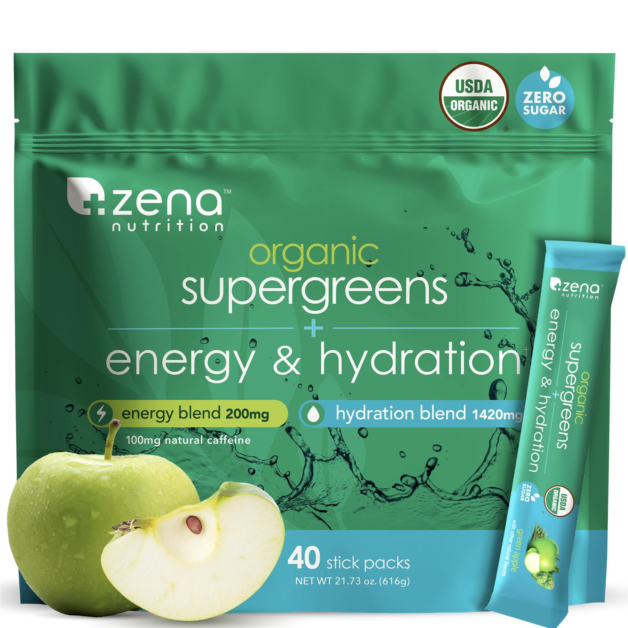 Zena Nutrition Organic Super Greens Energy & Hydration Powder, 70+ Superfoods, 0 Sugar, 5G Fiber, Spirulina, Chlorella, Prebiotics/Probiotics, Natural Caffeine + Electrolytes, 40 Drink Mix Packets Zena NutritionBuy Supplements Australia