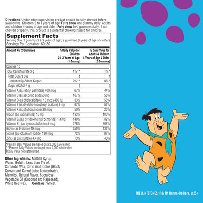 Flintstones Multivitamins for Kids, Sugar Free Kids Multivitamin Gummies, with Vitamins A, C, E, B6 & B12, Raspberry Flavored Gummy Vitamins, 60 Count Flintstones Vitamins